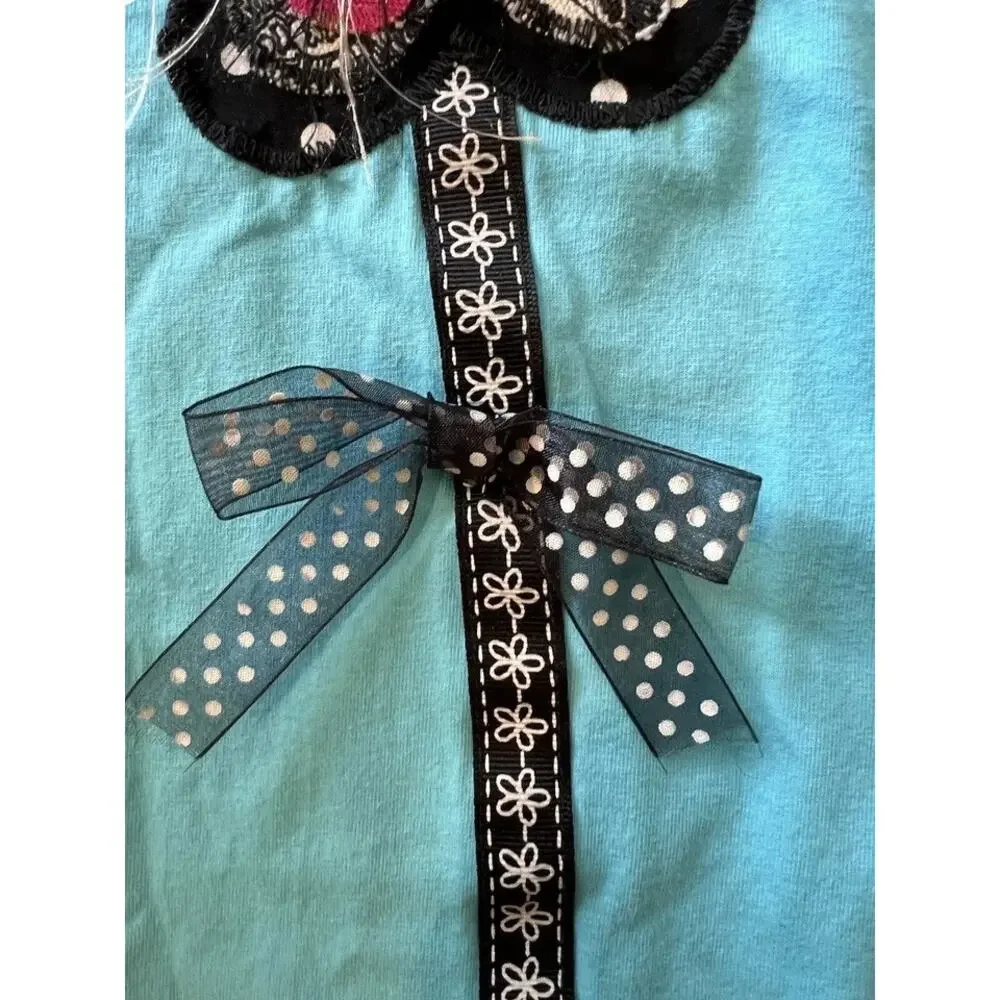 Vintage LAT‎ XL Blue Flower Beaded Tassel Pocket Tee T-Shirt